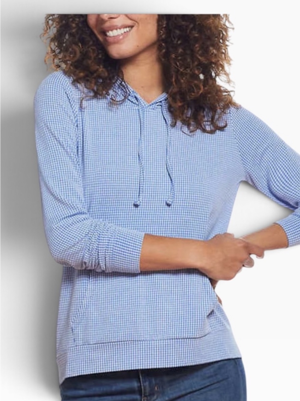 Weatherproof Vtg Womens S Mini Check Blue Gingham Hoodie Stretch Knit Pullover
